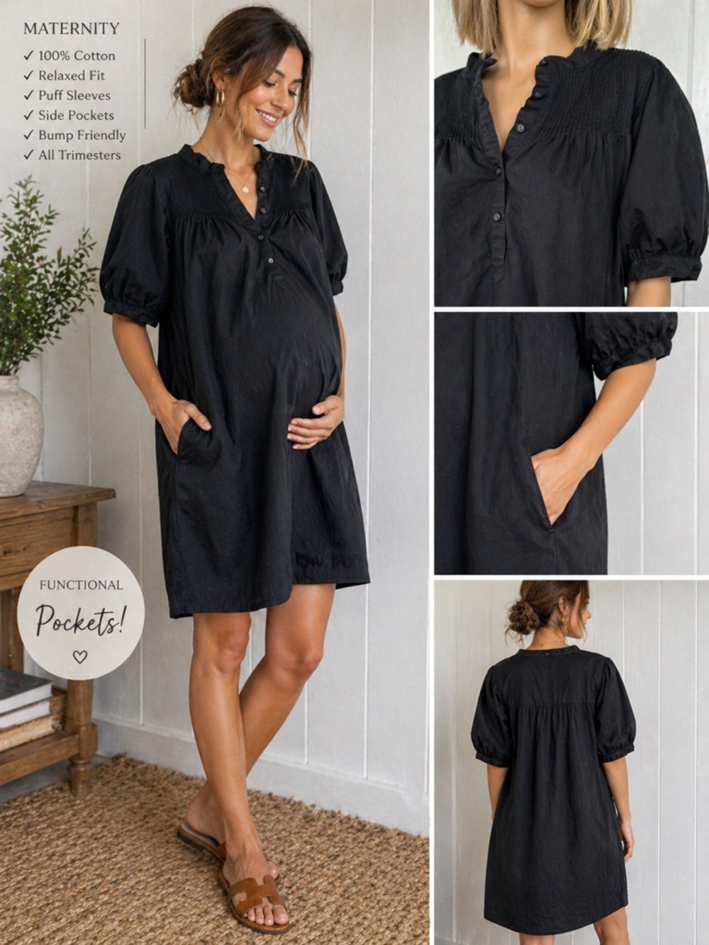 J.Crew Maternity Black Cotton Dress Pockets Puff Sleeve Size M